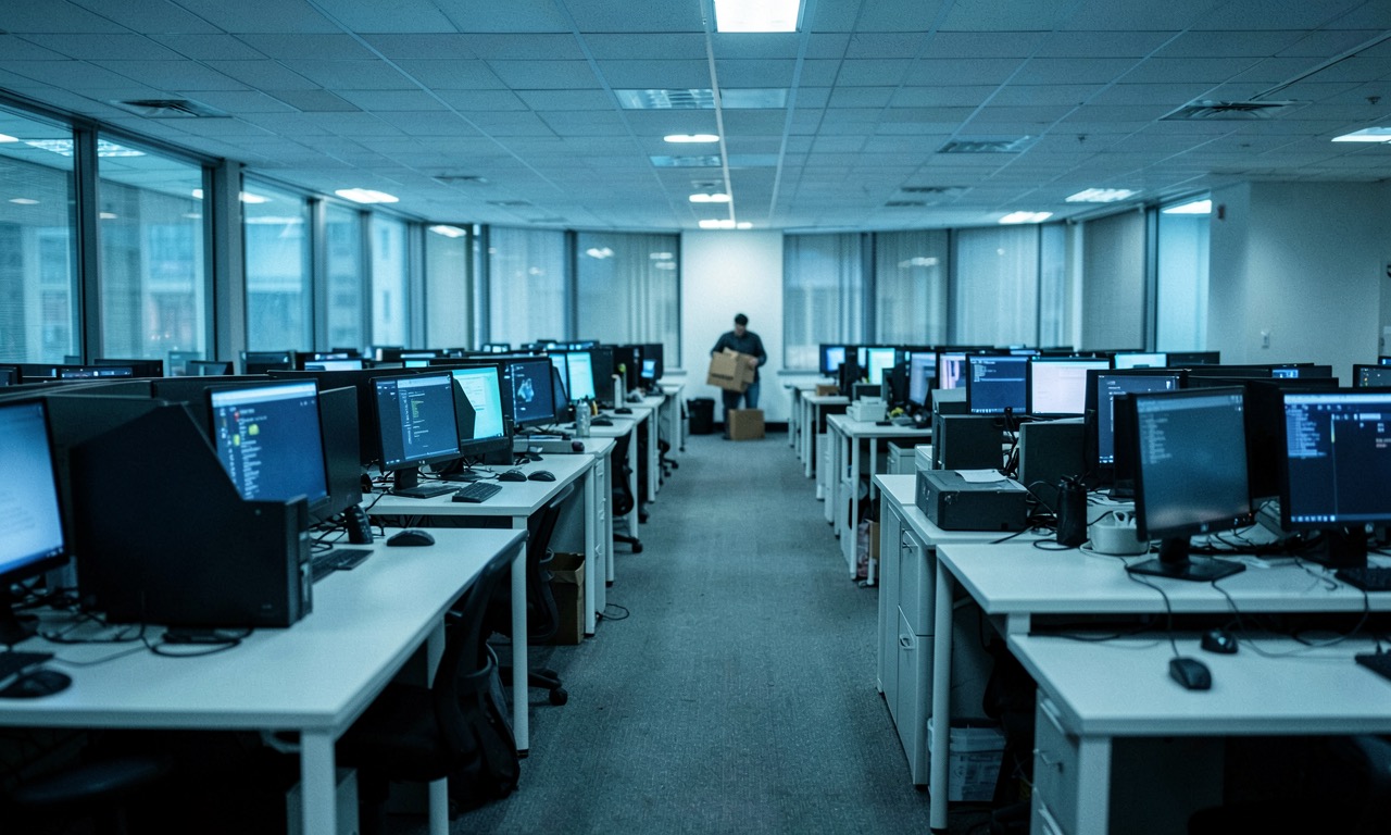 Corporate office building with empty desks and glowing computer screens, documentary style, muted blue and grey tones, a single person packing a box in the background
