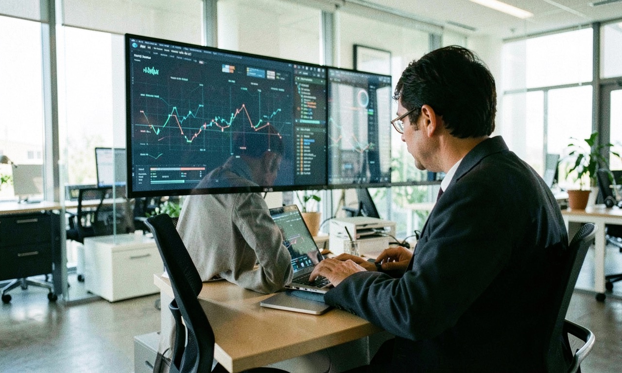A person working at a laptop in a modern office with a cybersecurity dashboard visible on screen, natural daylight, documentary style photography