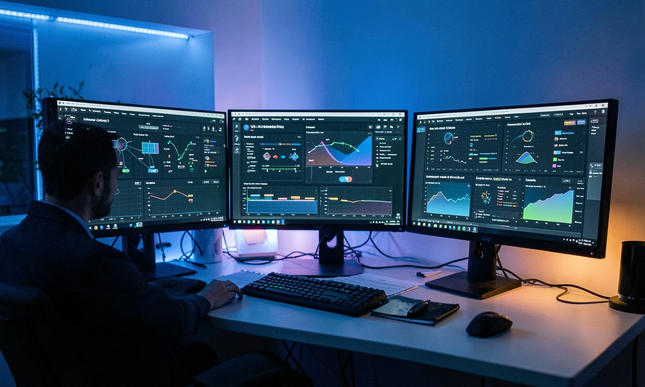 Professional at desk with multiple monitors showing AI deployment dashboards and security alerts