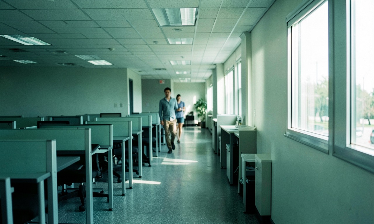 Office corridor with employees walking past a row of empty desks, one person looking at smartphone, natural light from windows, documentary style