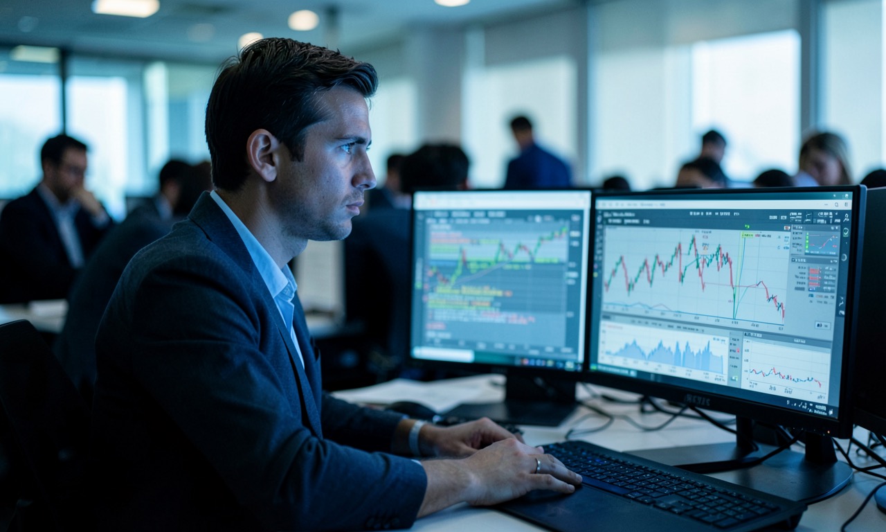 Office worker sitting at a desk staring at a computer screen displaying graphs and code, soft blue light on their face, pensive expression, cinematic documentary style