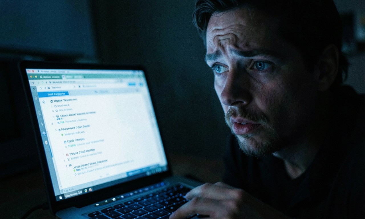 A person looking at a laptop showing a job portal with few results, dark moody lighting, close-up on their face