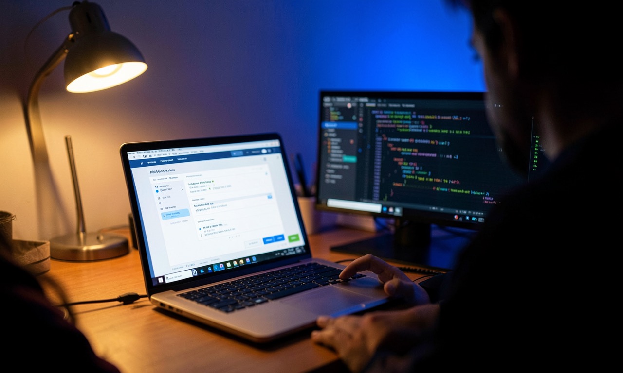 A person at a desk in a home office, laptop screen showing a job application portal, a second screen with an AI coding interface, warm desk lamp lighting