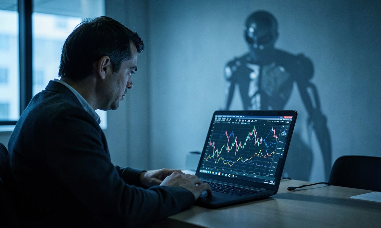 A person at a desk staring at a laptop showing declining stock charts and a robot shadow looming on the wall behind them, cold blue lighting, corporate office setting, cinematic composition