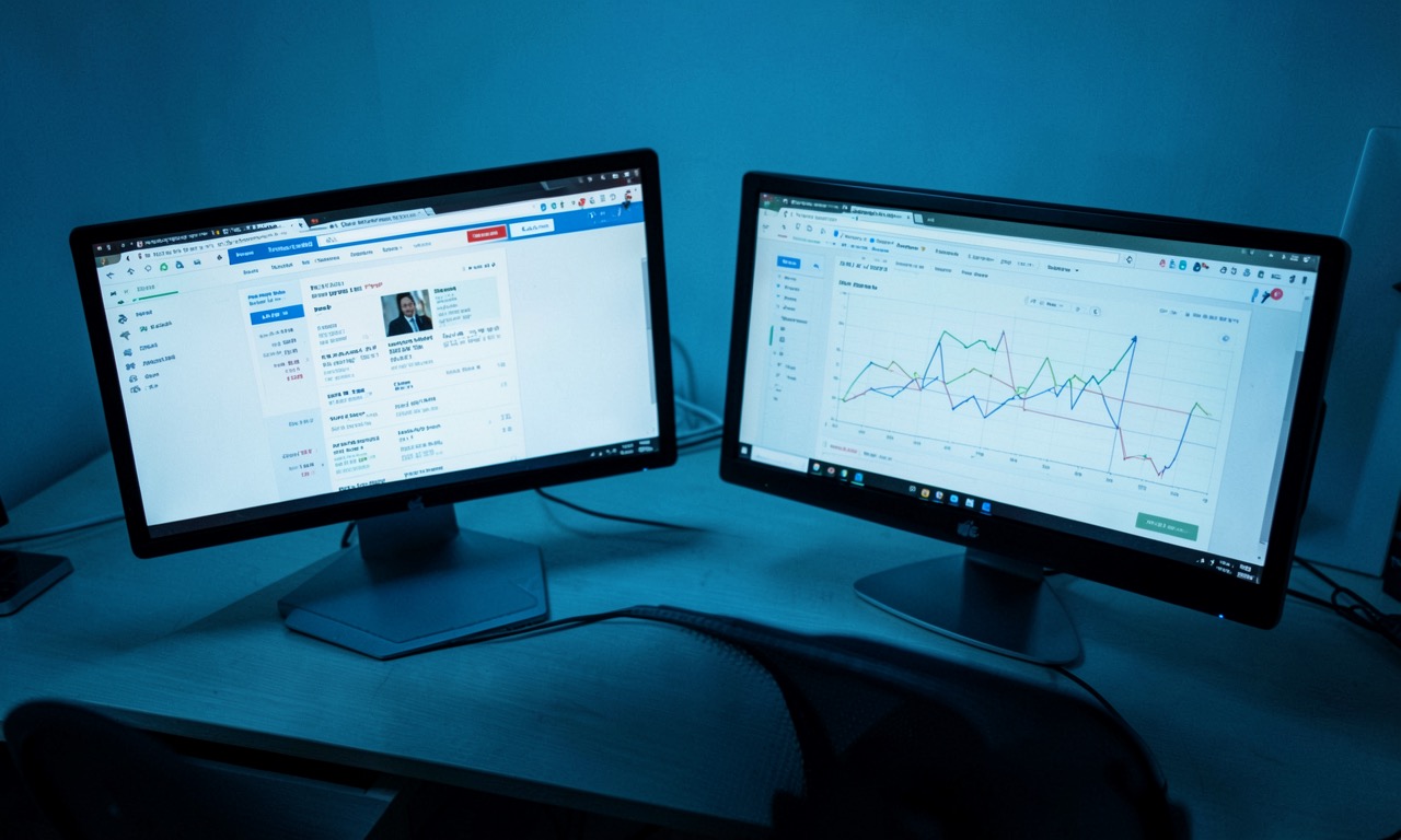 Office desk with two monitors showing a job listing page and an AI interface, corporate lighting