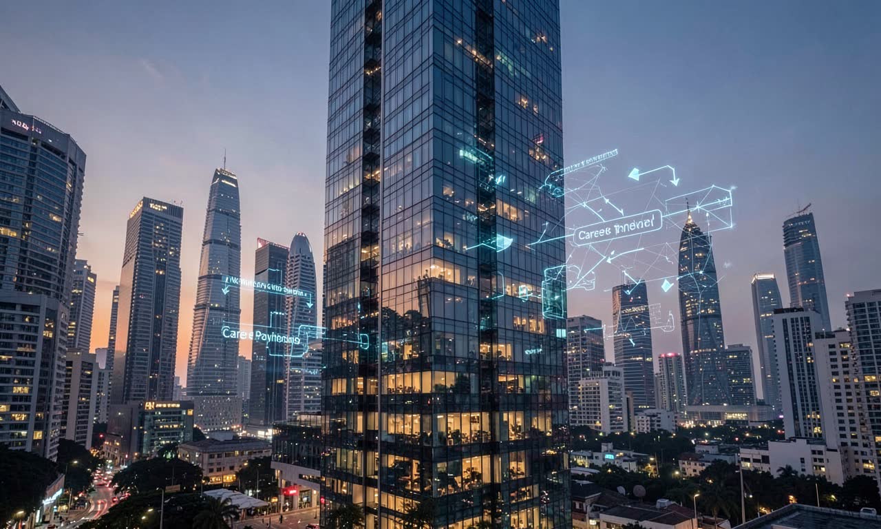 A modern office in Singapore's skyline with AI infrastructure and a career pathway