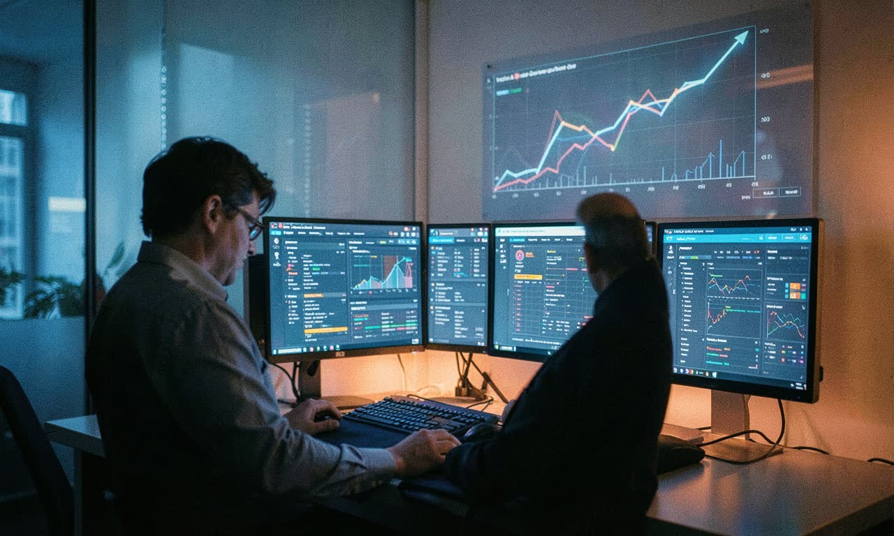 A person sitting at a desk with multiple glowing AI interface screens, looking at charts showing both rising and declining career paths, documentary style
