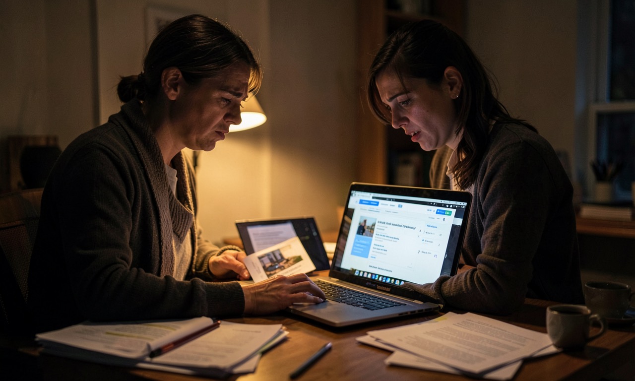 A person sitting at a desk in a dimly lit room, looking at a screen filled with code that has a subtle AI glow, contemplative mood