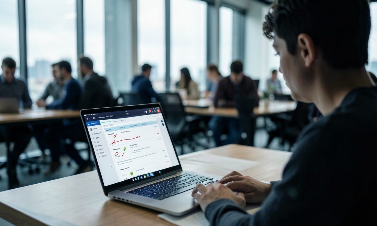 Young person looking at a job application dashboard on a laptop in a co-working space