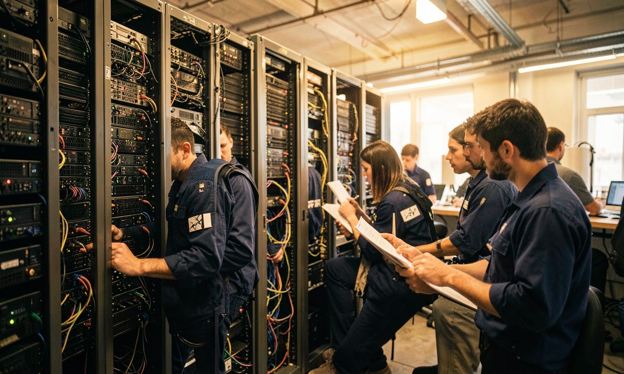 Data centre technicians working with server racks, warm lighting, collaborative atmosphere