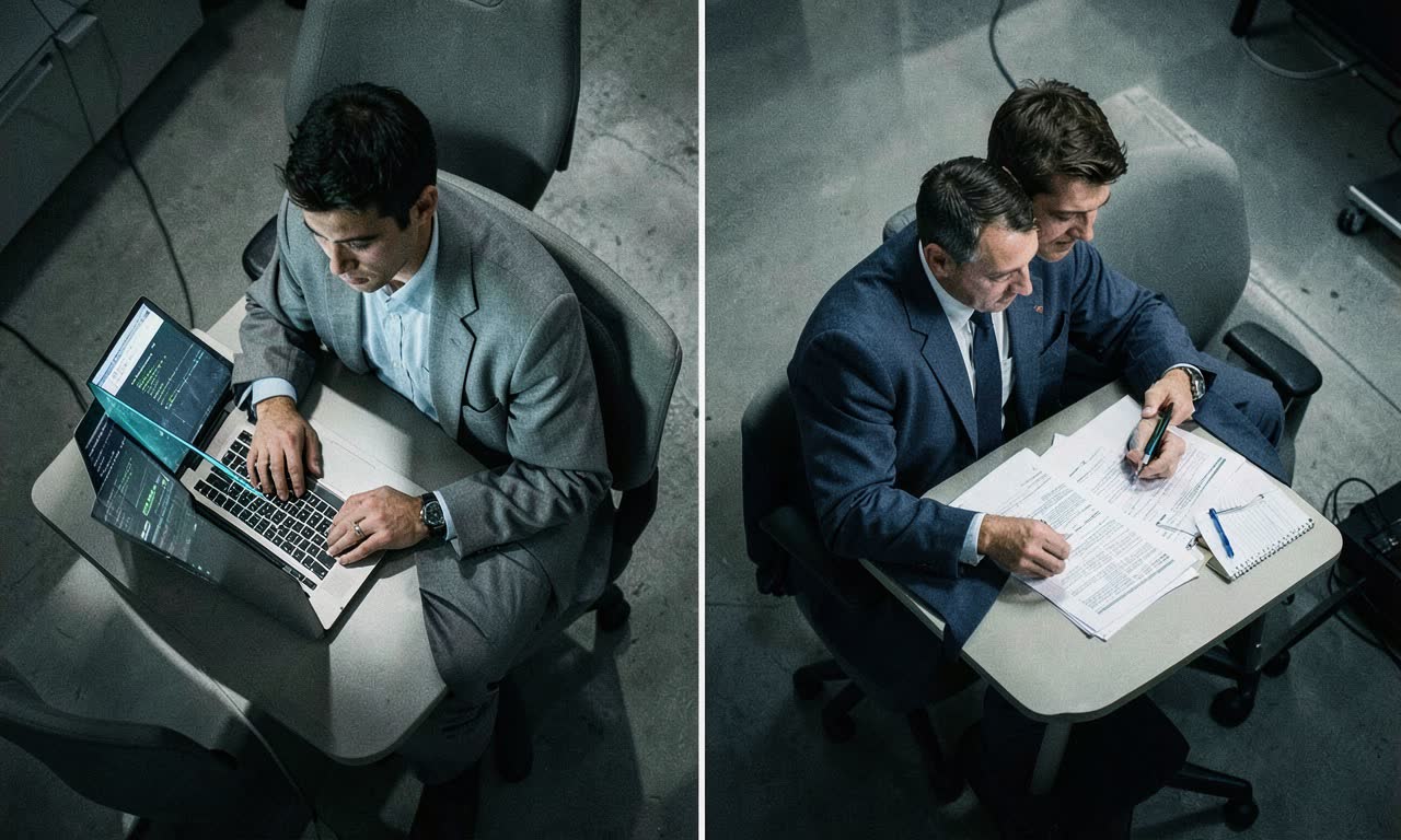 Split career paths showing AI developer on one side and compliance auditor on the other, representing diverging job markets