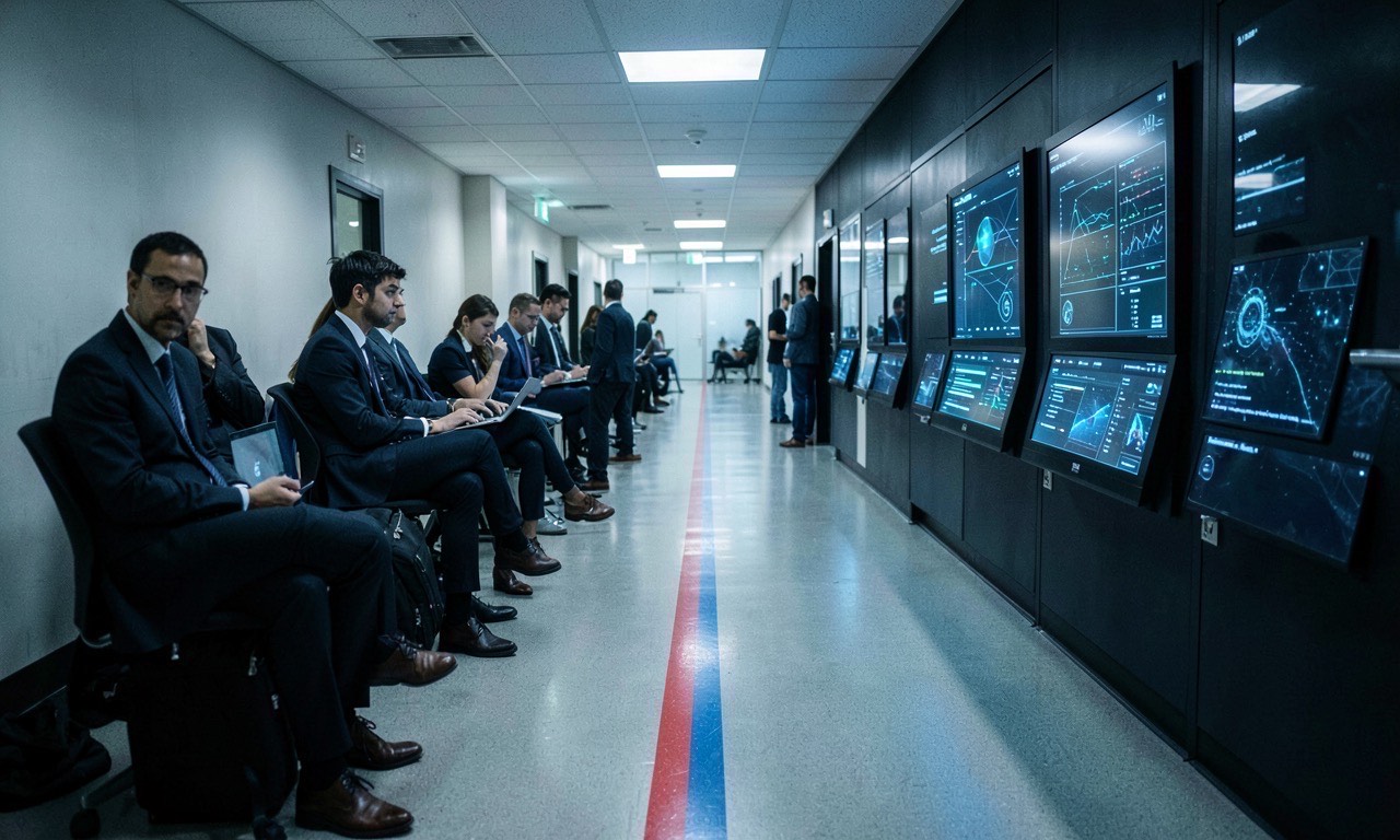 A corporate hallway divided by a red and blue line — job seekers on one side, AI terminal screens on the other, documentary style