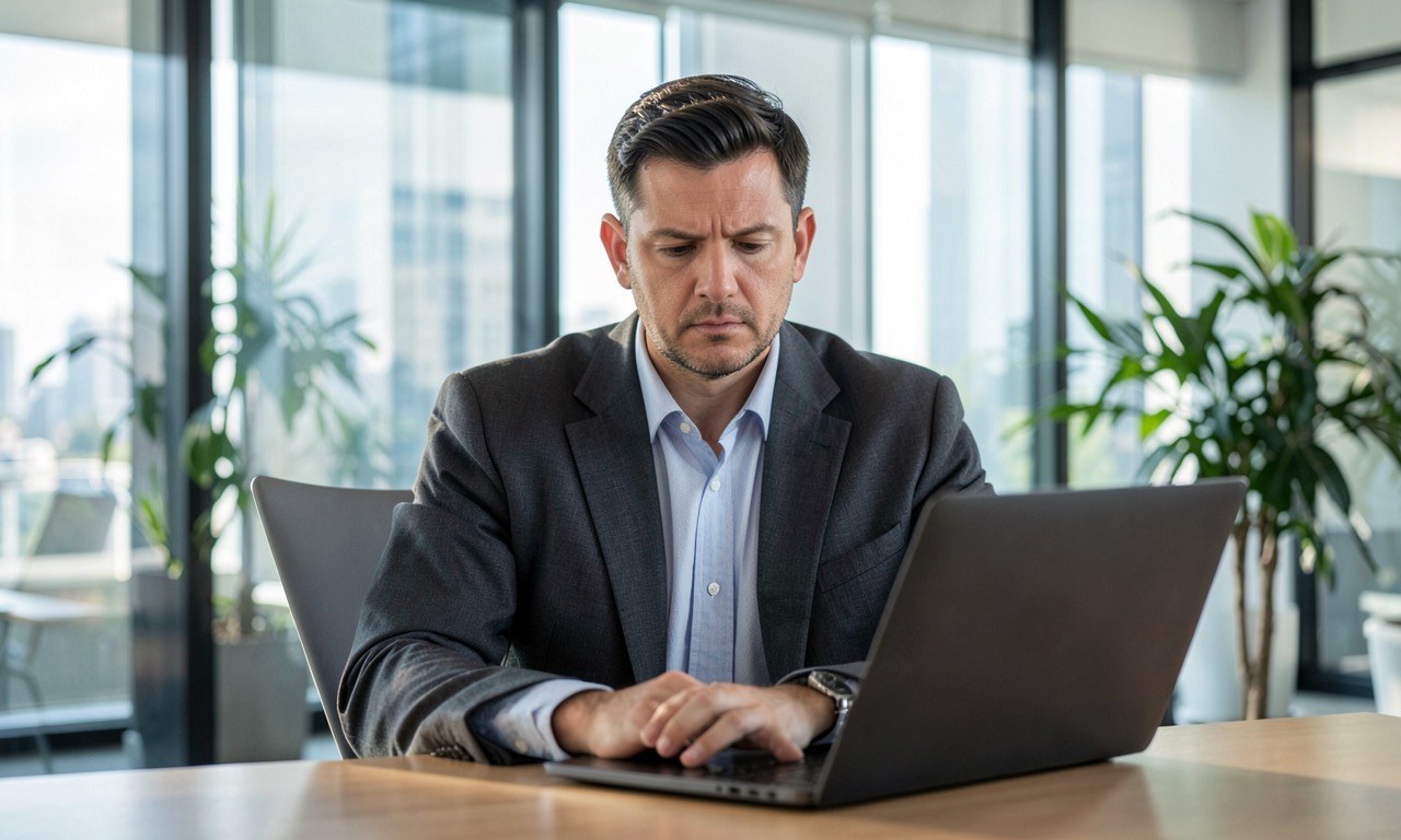 Documentary photo: an office worker looking at a laptop screen showing a notification, corporate office background, warm lighting