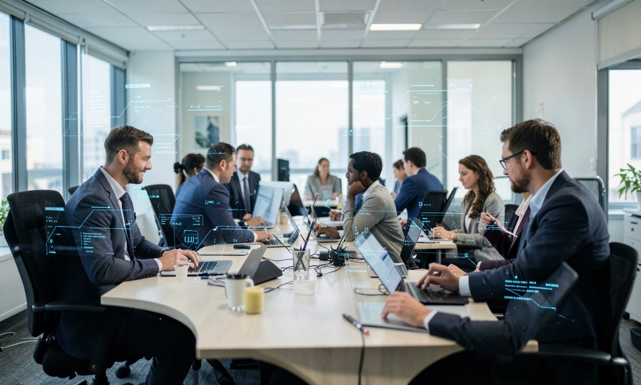 Professional office workers collaborating around a table with subtle AI interface overlays, representing the human-AI workplace