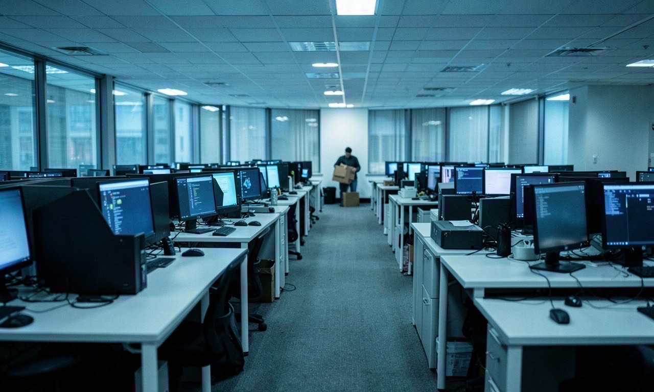 Corporate office building with empty desks and glowing computer screens, documentary style, muted blue and grey tones, a single person packing a box in the background