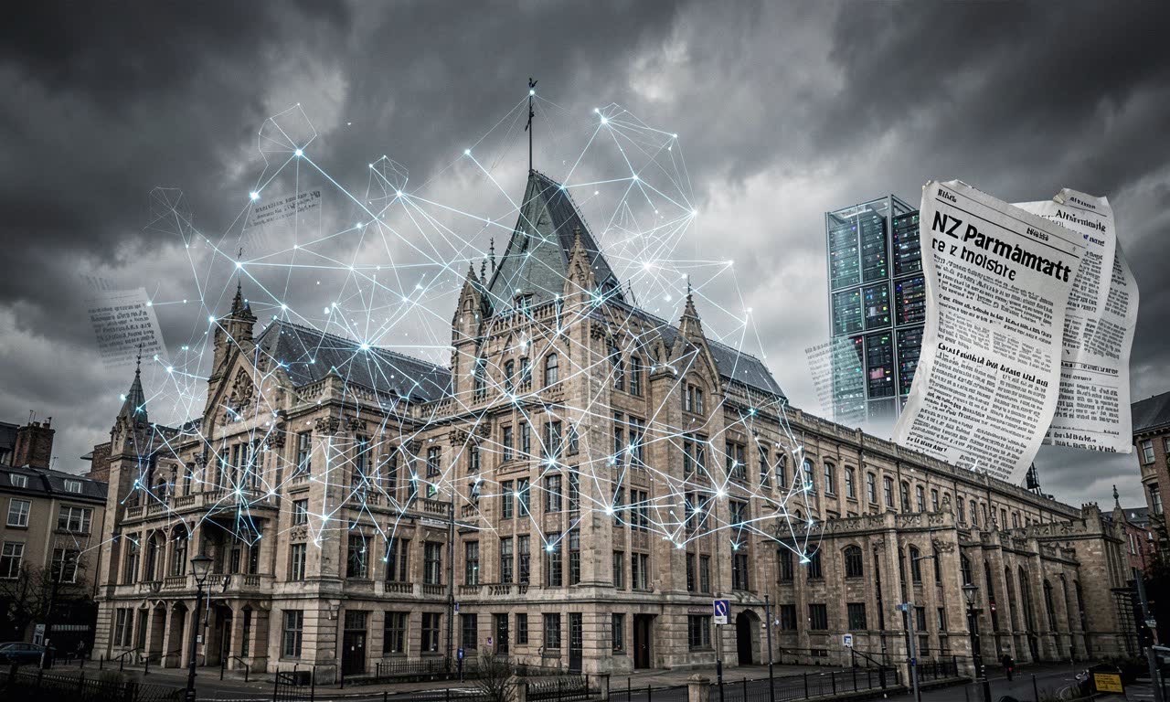 Collage of AI news headlines with NZ Parliament and data centre imagery