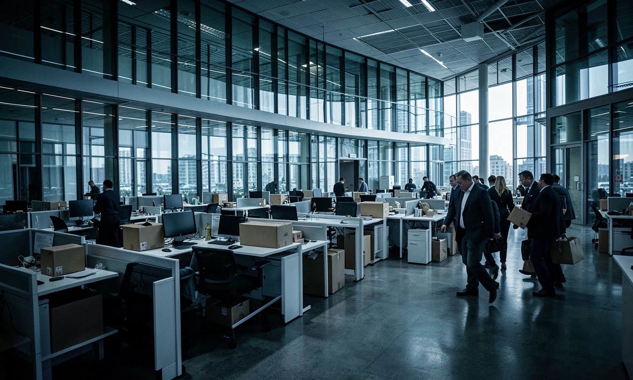 Meta headquarters with empty desks and workers packing boxes, symbolizing AI-driven layoffs
