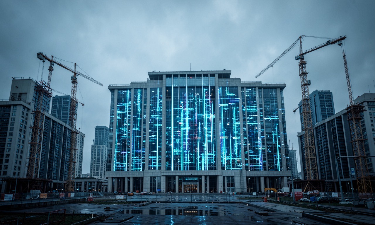 Government building with digital data streams, construction cranes building data centers