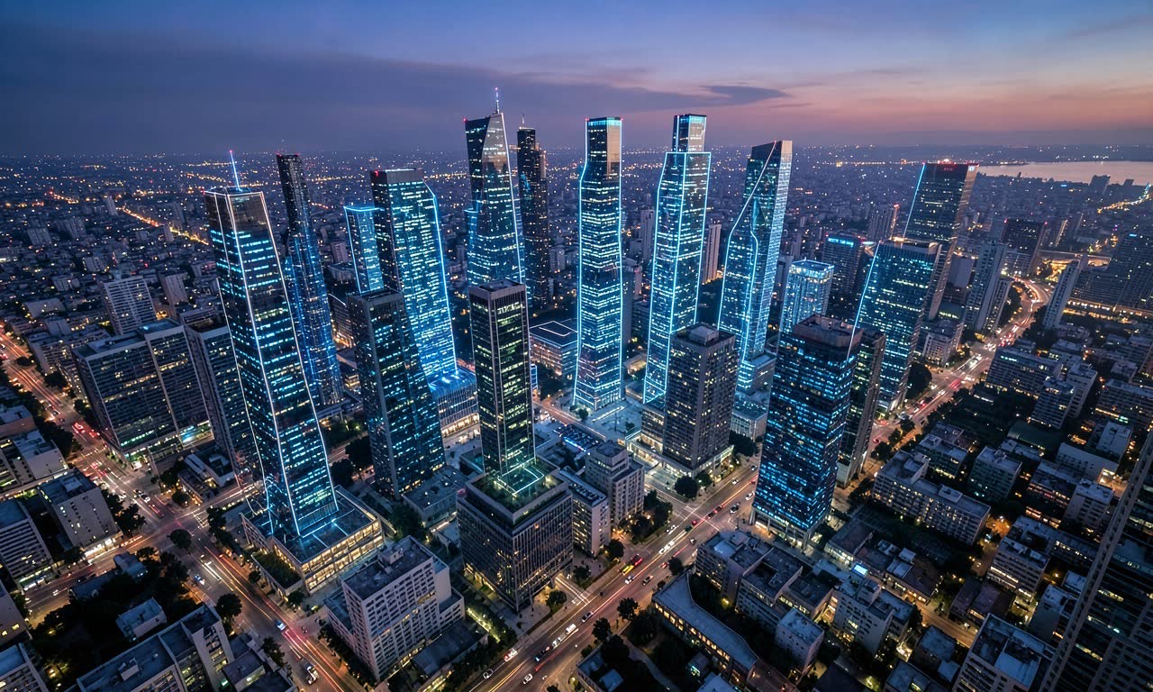 Abstract visualization of AI company logos and data center lights forming a city skyline at night