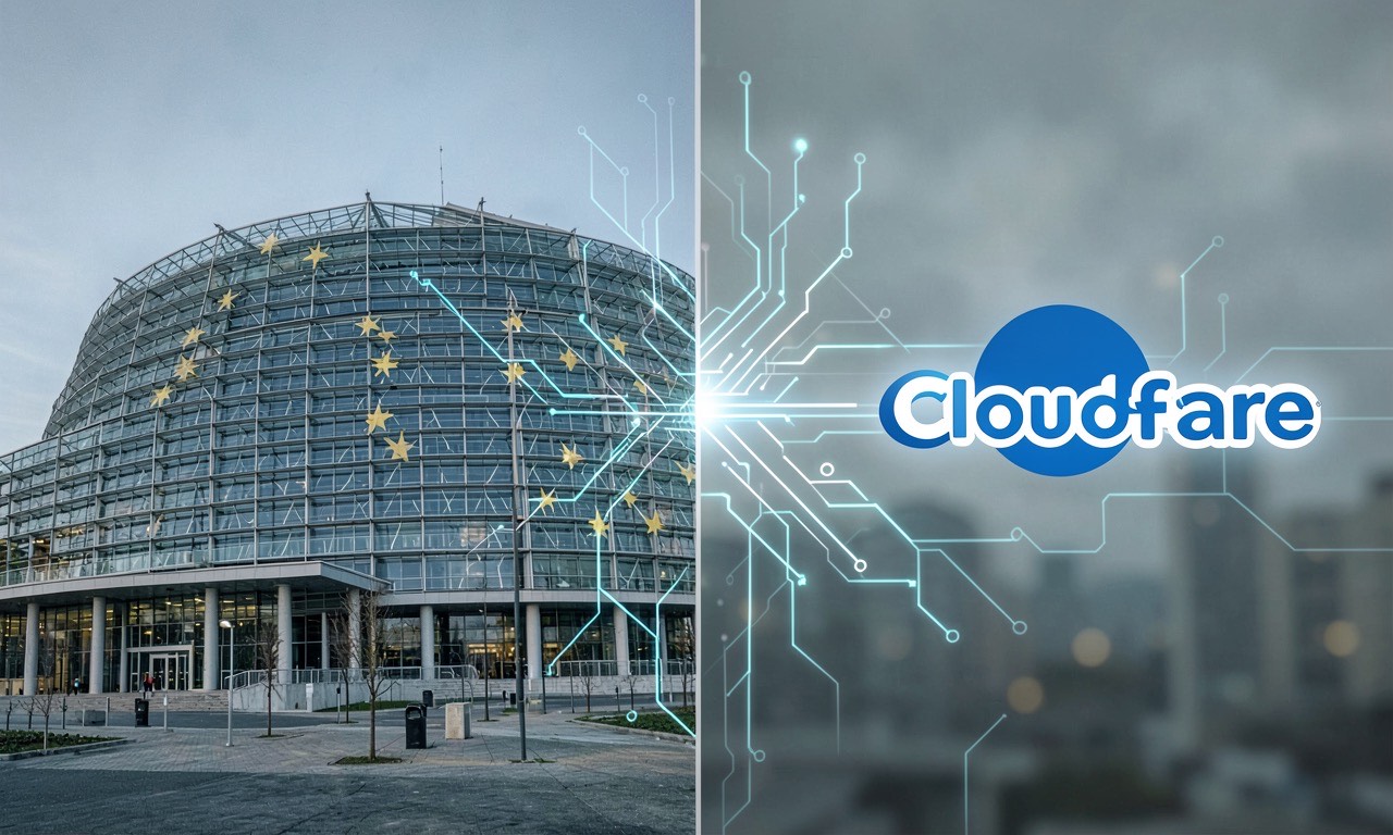 Collage showing EU parliament, Cloudflare logo, and Anthropic branding with circuit patterns