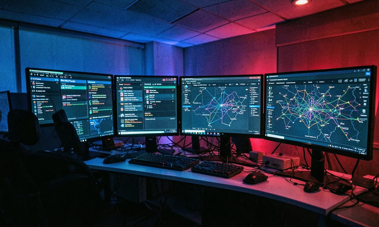 Digital security operations centre with multiple monitors showing threat alerts and network maps, dramatic blue and red lighting, photojournalistic style