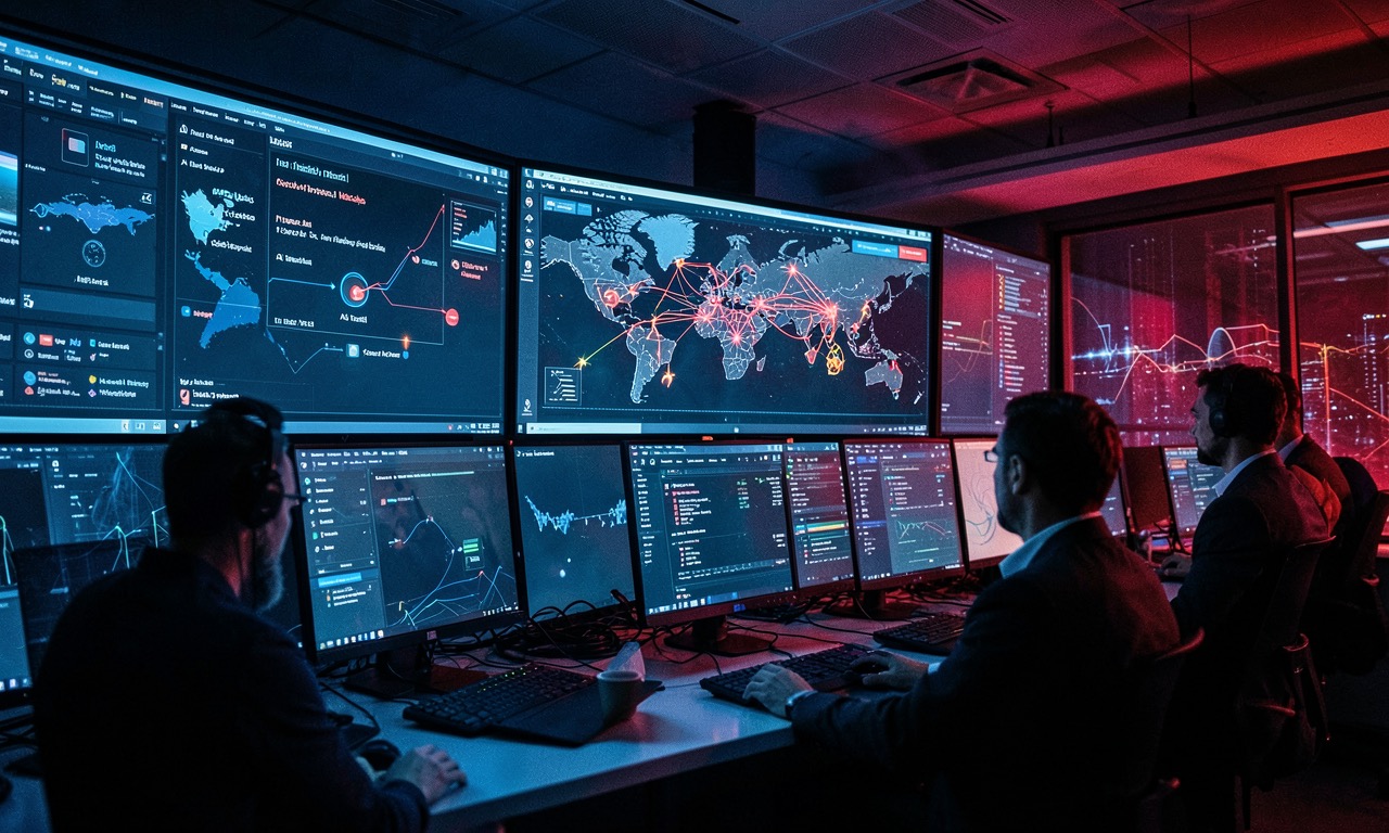 Network security dashboard with AI threat indicators and global connection map