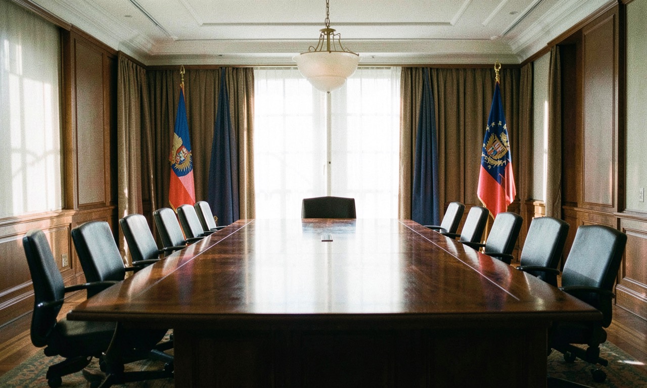Two world leaders at a long wooden table in a Beijing meeting room, aides in background, diplomatic lighting, photojournalistic documentary style
