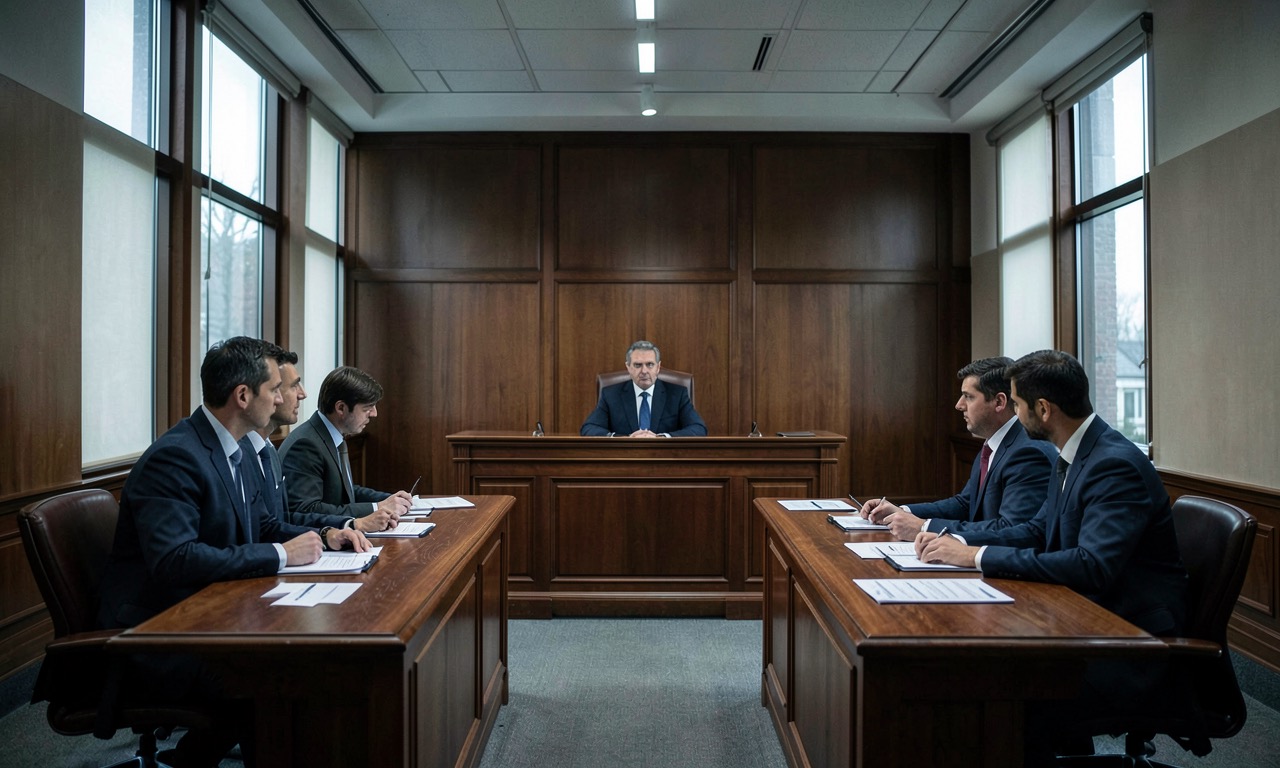 A courtroom interior with an empty judge's bench and two legal teams facing each other, modern architecture, photojournalistic style
