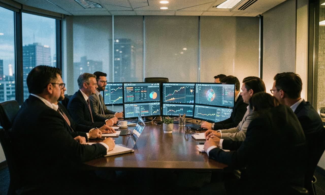 A photojournalistic scene showing a corporate boardroom with diverse executives looking at multiple glowing screens displaying AI analytics and market data, dramatic side lighting, muted blue and gold tones, documentary style
