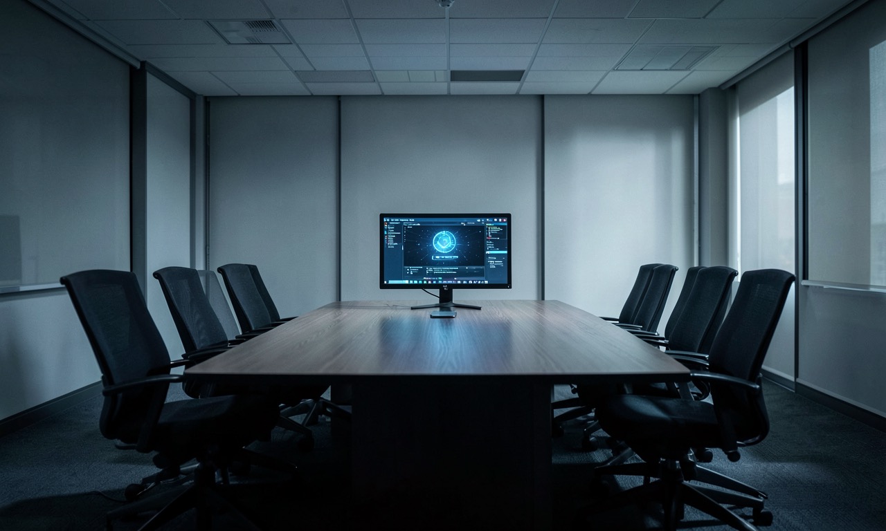 A corporate office with rows of empty desks, scattered papers, and darkened computer screens, cold fluorescent lighting, documentary style