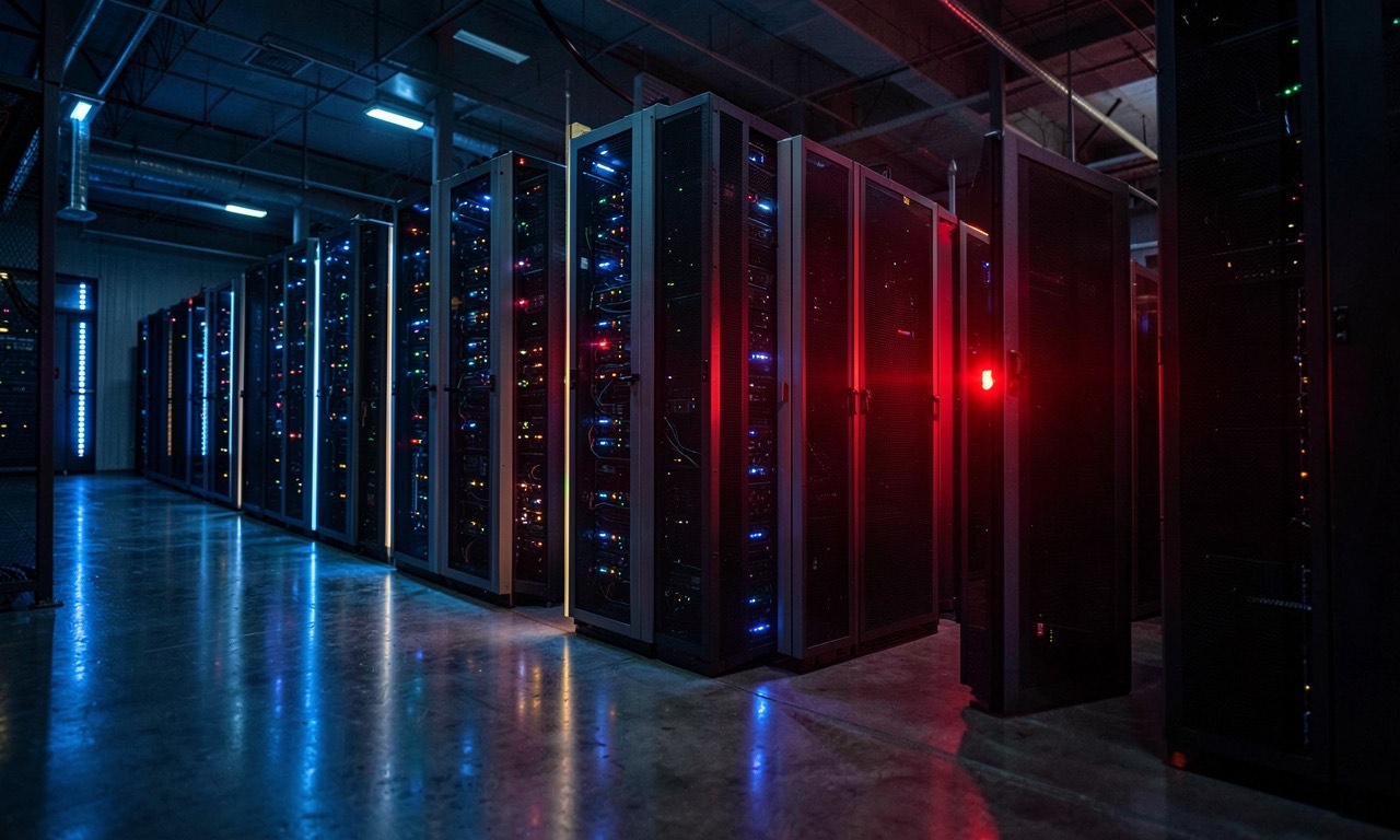 Glowing server racks in a dimly lit data center with red alert light