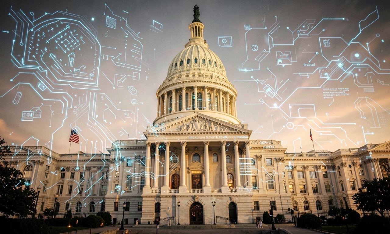 US Capitol building with AI circuit overlay, Illinois state flag, and NZ data centre imagery collage