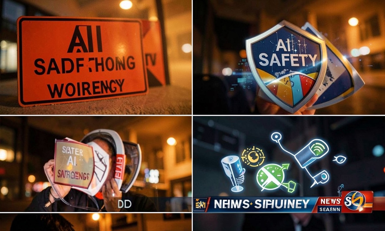 Collage of AI news icons representing safety, security, and innovation