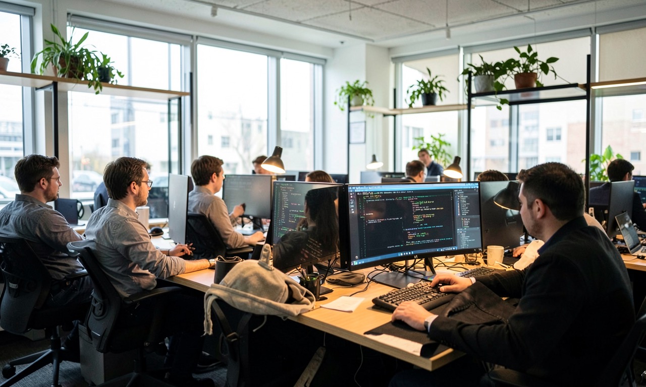 A documentary-style image of an Anthropic office with developers watching screens of AI-generated code alongside a robotic arm in an NVIDIA lab