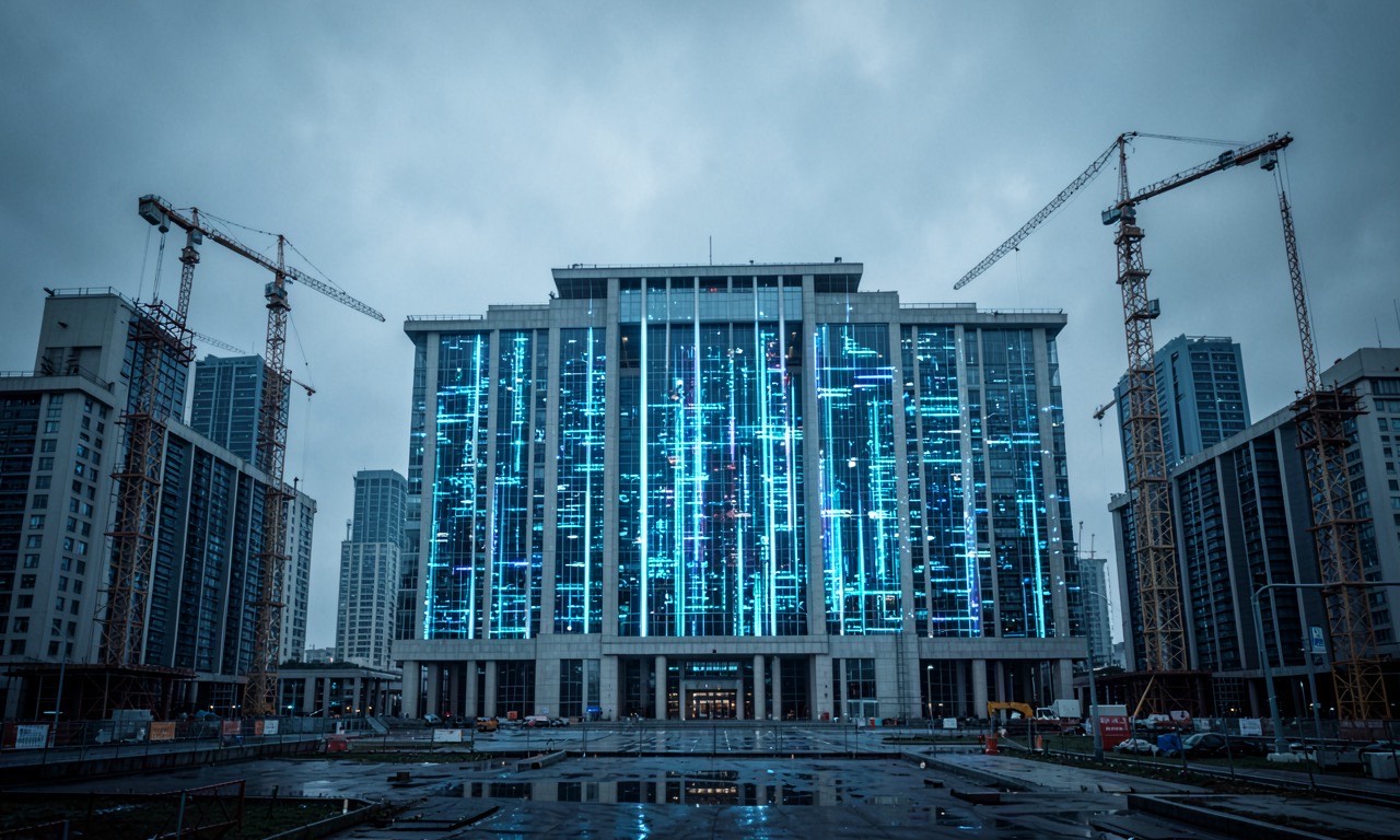 Government building with digital data streams, construction cranes building data centers