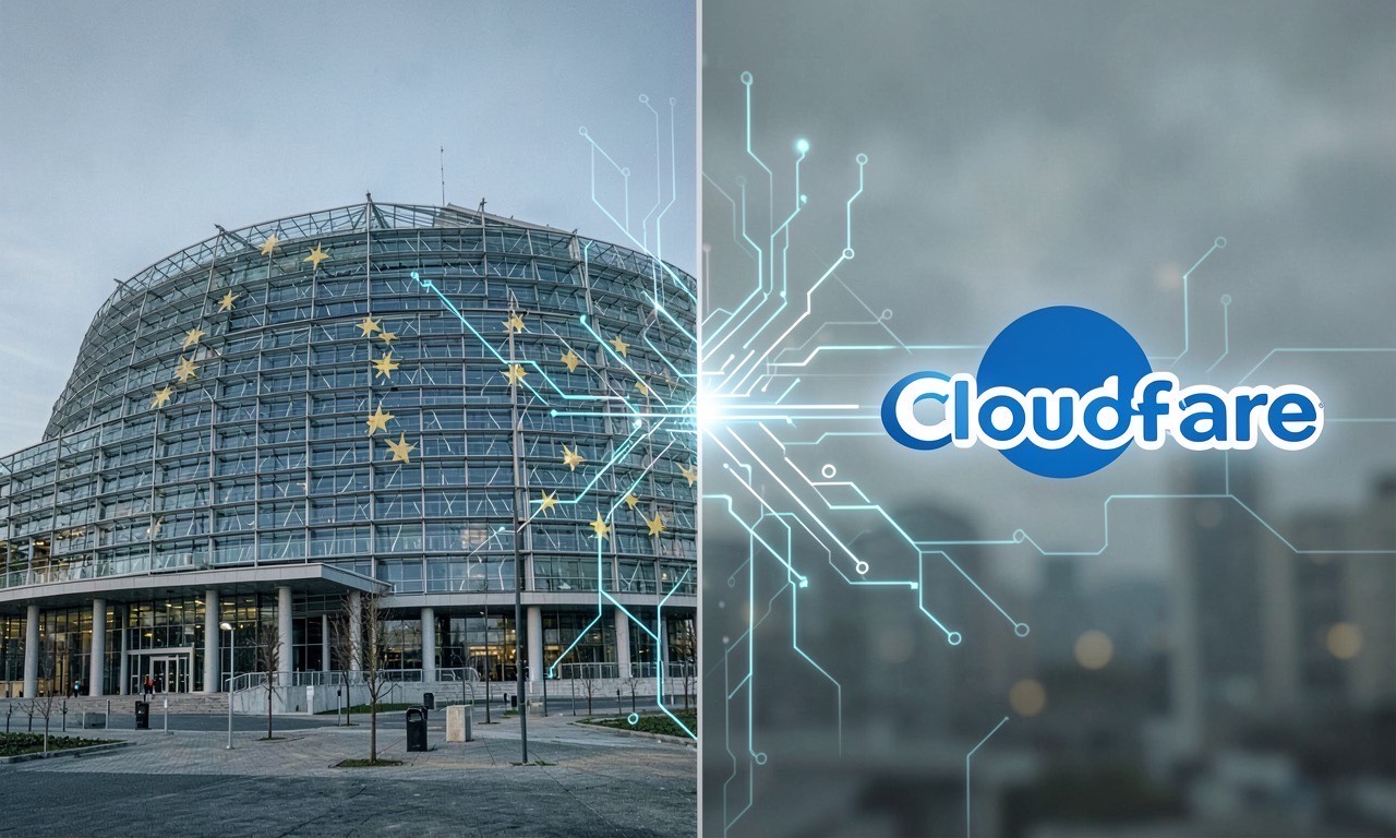 Collage showing EU parliament, Cloudflare logo, and Anthropic branding with circuit patterns