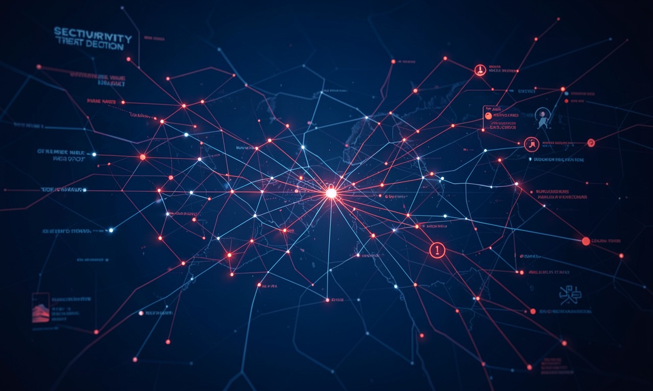 Abstract digital representation of cybersecurity threat detection with glowing vulnerability points across a network map, dark blue tones with red alert indicators