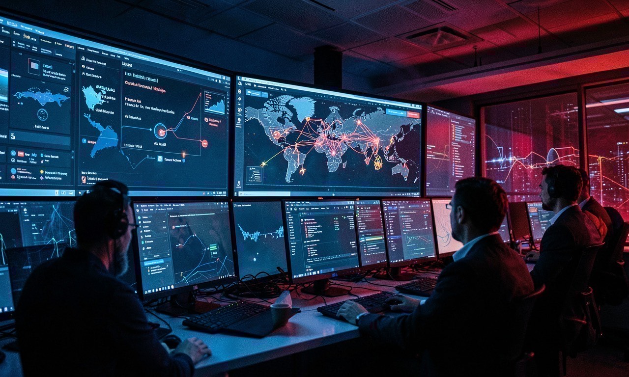 Network security dashboard with AI threat indicators and global connection map