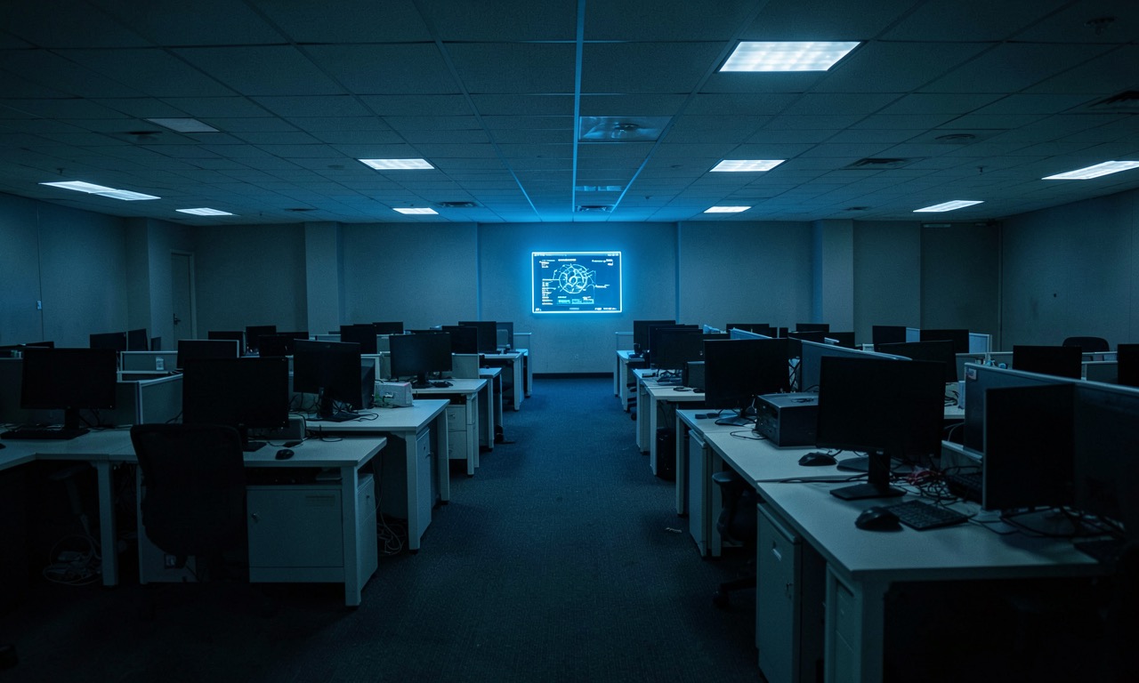 Dimly lit corporate office floor with empty desks and a single glowing AI terminal, documentary style, cold blue lighting