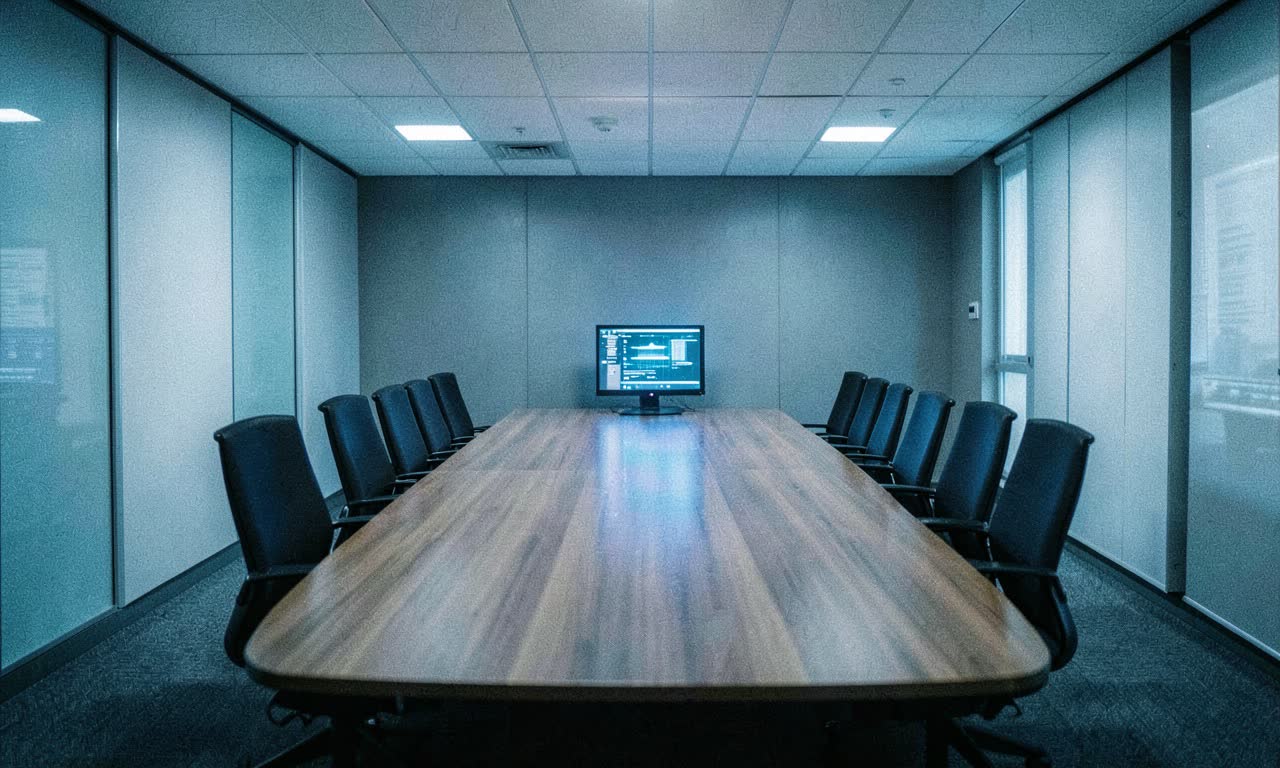 A wide shot of a corporate boardroom with empty chairs around a long table, a single glowing AI terminal at one end, cold blue lighting, photojournalistic style