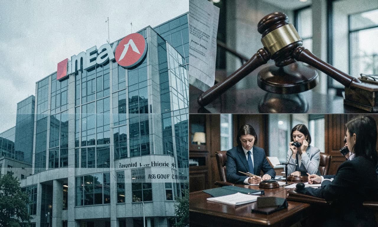 Collage of Meta headquarters sign, courthouse gavel, and Vatican dome with digital overlay