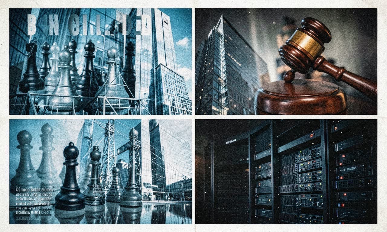 Collage of chess pieces, corporate buildings, and courtroom gavel representing AI industry consolidation