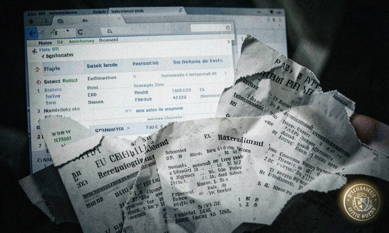 Digital manipulation of search results, regulatory documents being shredded, and a watermark verification badge