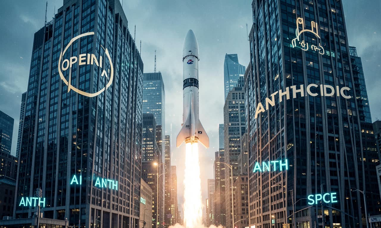Collage of OpenAI logo on NYSE building, Anthropic logo with profit chart going up, and SpaceX rocket with digital overlay