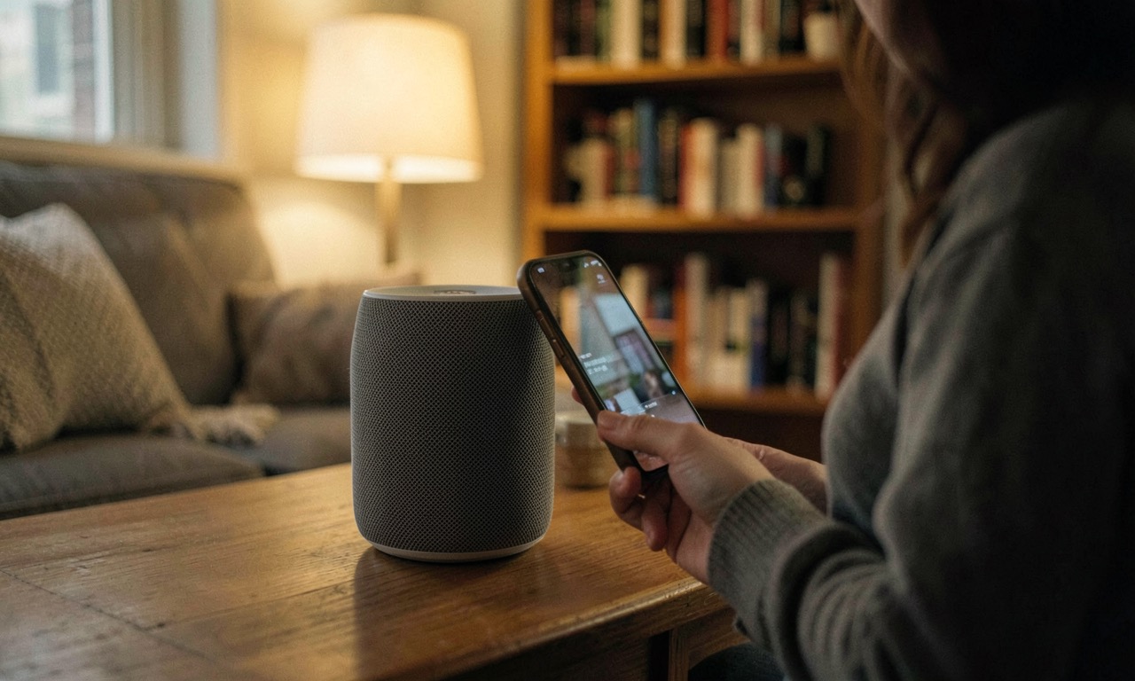 A person holding a smartphone next to a smart speaker in a cosy living room, warm ambient lighting, bookshelf in background, everyday domestic scene, documentary photography