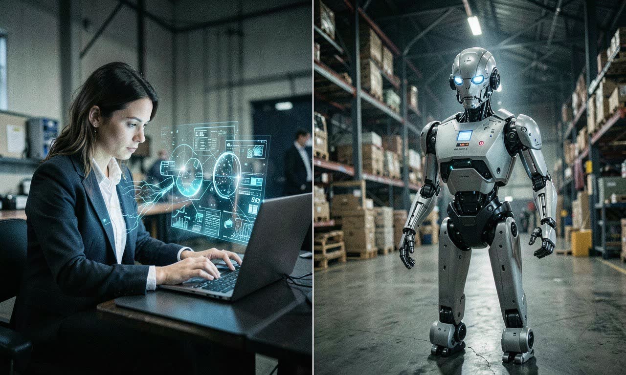 Split image showing woman at laptop with AI interface and robot in warehouse