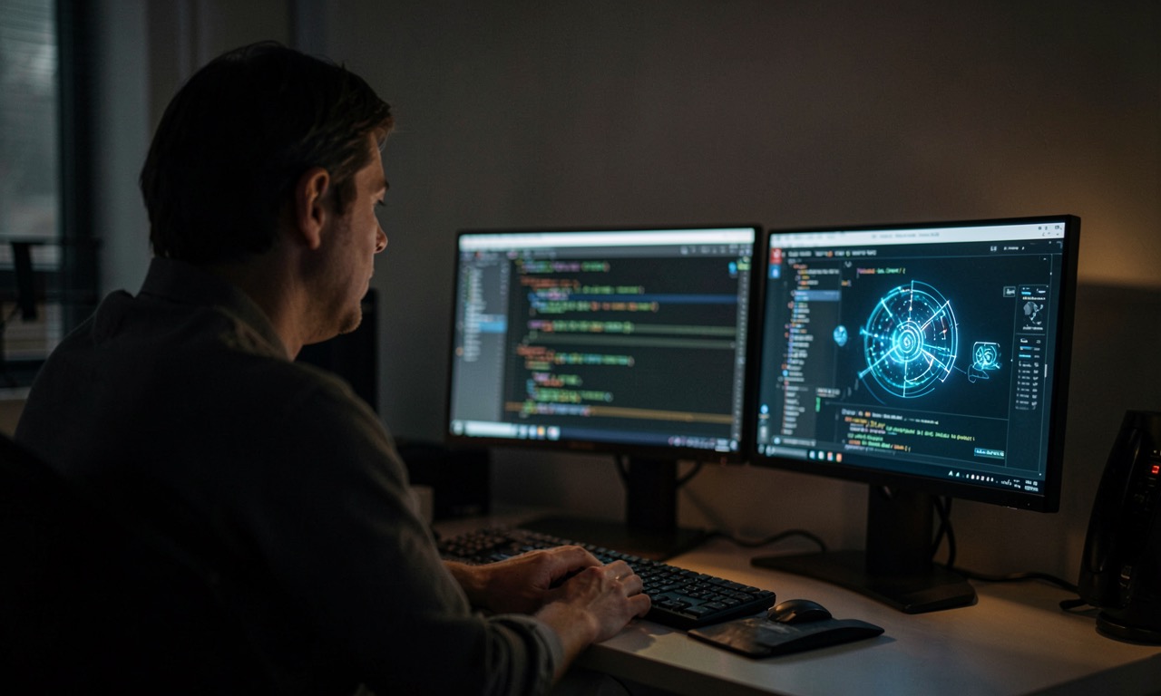 Developer at desk with monitors showing code and AI interface
