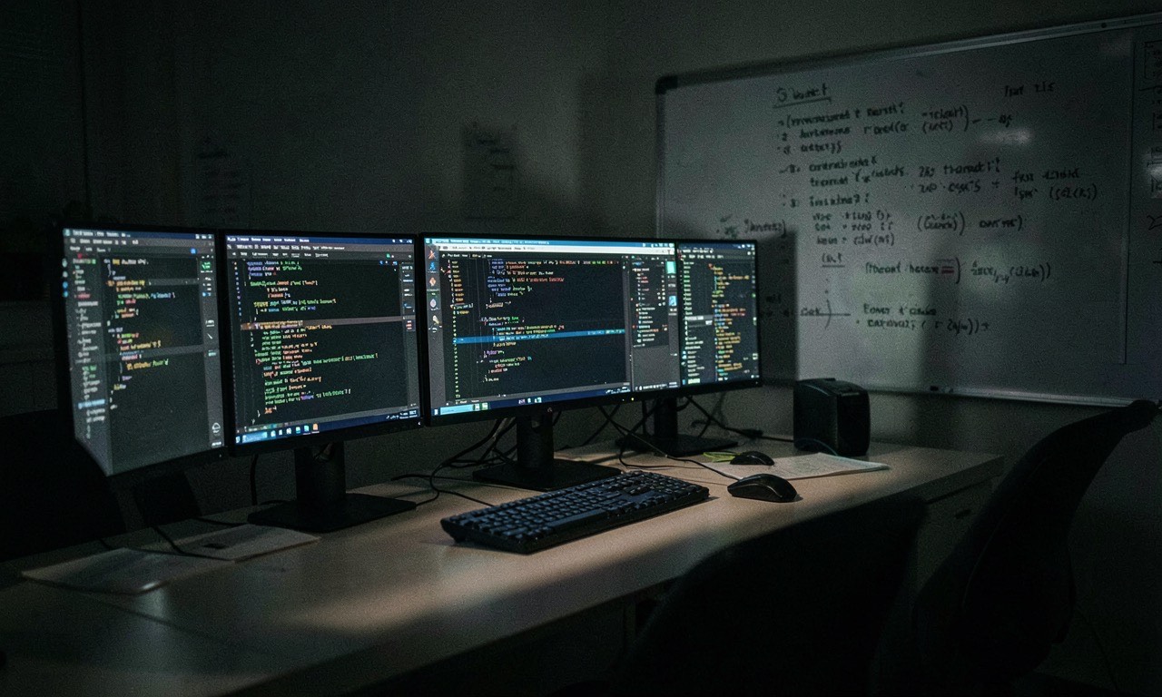 A person sitting at a modern desk with multiple screens showing AI coding interfaces, with a traditional whiteboard in the background fading into shadow