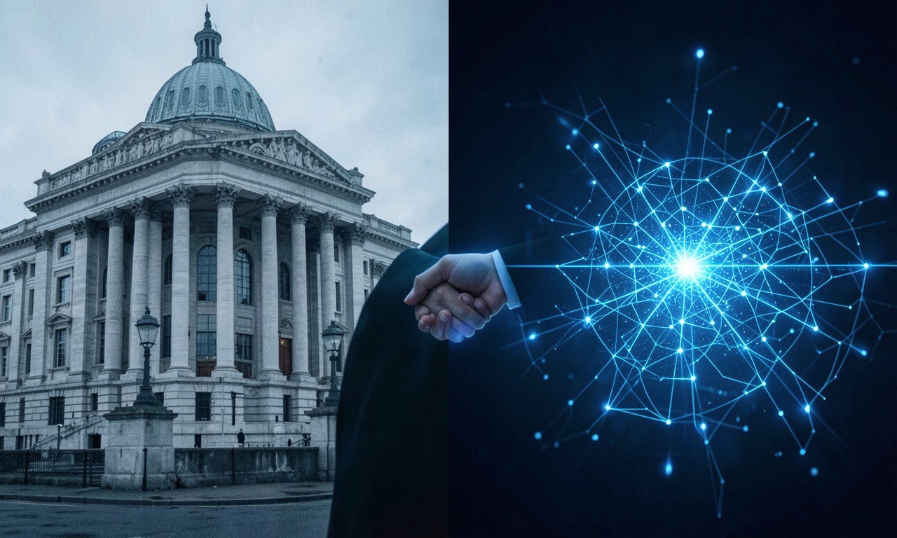 Split image showing a government building on one side and AI interface on the other, with a handshake between