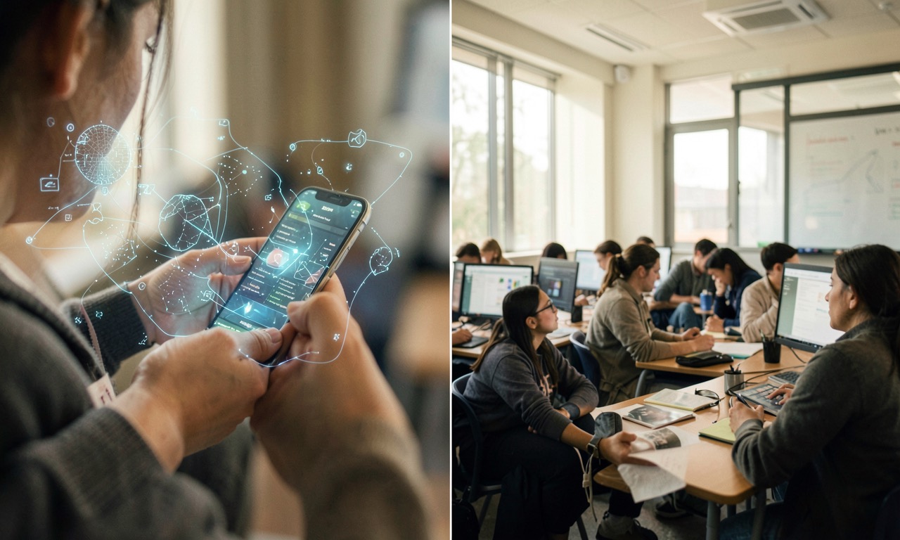 Split image of a person using a smartphone with an invisible AI assistant interface and a classroom with students looking at screens, documentary photography style